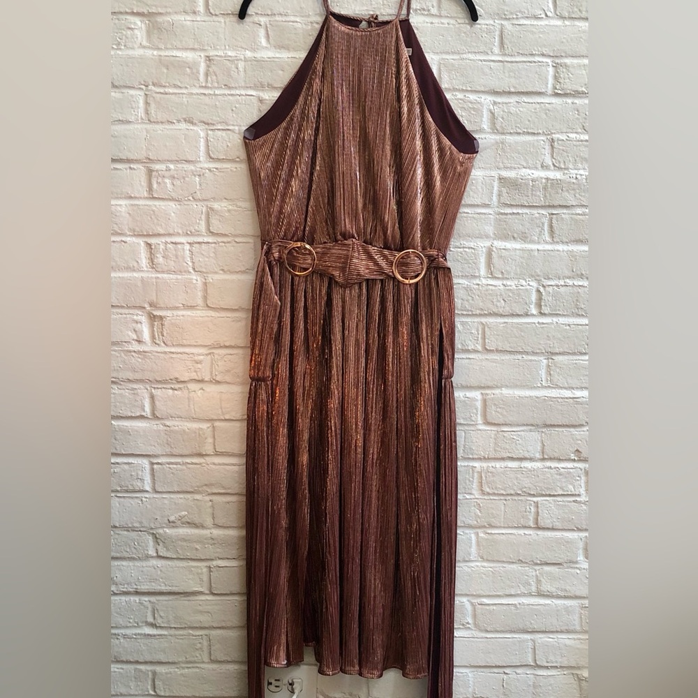 EVA MENENDEZ Metallic Bronze halter top midi Dress Sleeveless Spaghetti straps - Picture 3 of 16